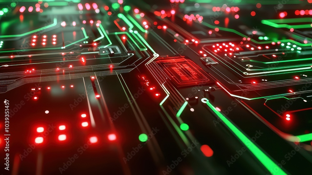 Poster abstract technology background with glowing red and green circuits forming a futuristic pattern.