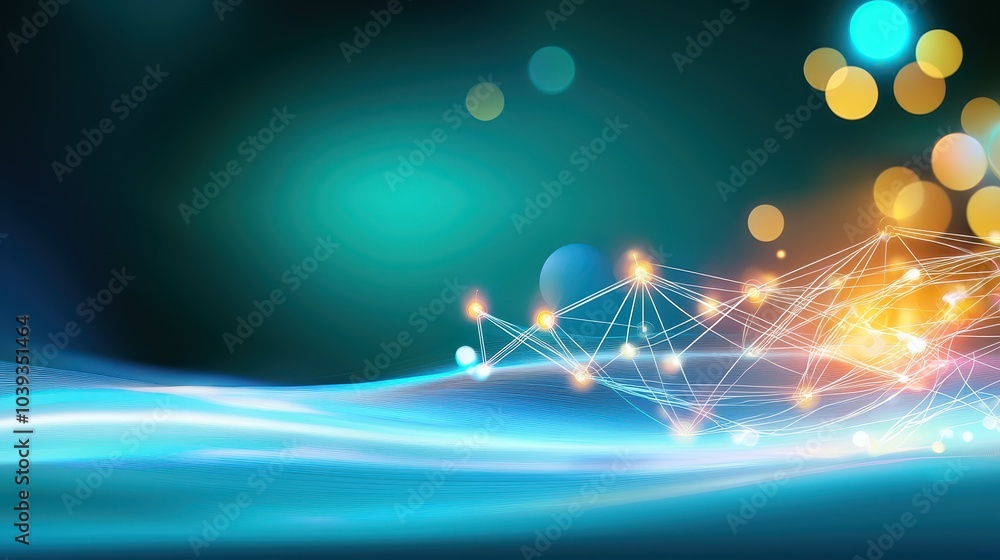 Poster abstract technology gradient background with digital nodes and light flares on a blue-to-green gradi