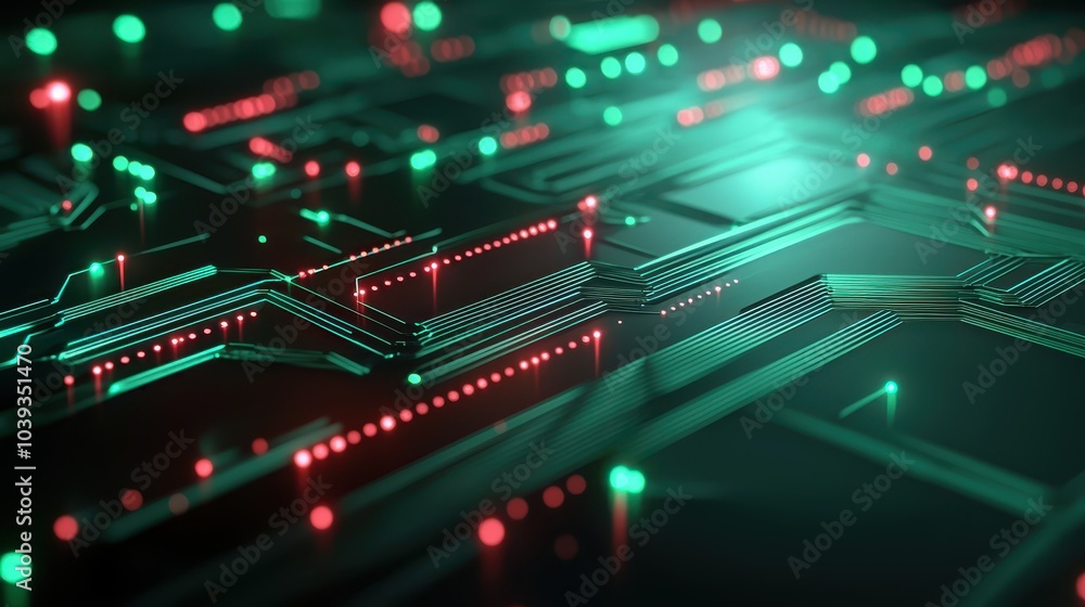 Poster abstract technology background with glowing red and green circuits forming a futuristic pattern.