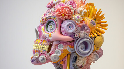 Fototapeta premium Intricately decorated sugar skull in luminous colors, showcasing vibrant floral patterns and intricate designs. This artistic piece captures essence of celebration and culture