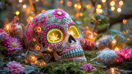 Luminous sugar skull adorned with intricate floral designs, glowing in neon pink and green, surrounded by vibrant flowers and soft lights, creating festive atmosphere