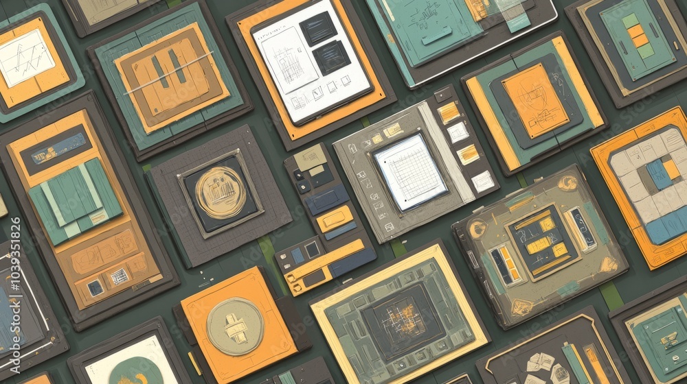 Poster close up of assorted framed abstract artwork with muted color scheme.