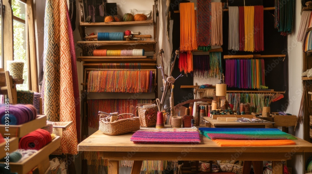 Poster a cozy textile art studio with weaving tools and colorful yarns, weaving tools arranged in a textile