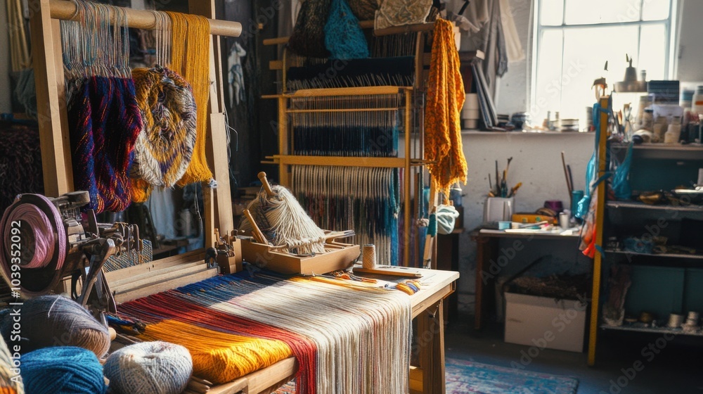 Aufkleber a cozy textile art studio with weaving tools and colorful yarns, weaving tools arranged in a textile