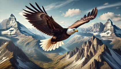 Fototapeta premium Bald Eagle Soaring Over Mountain Peaks