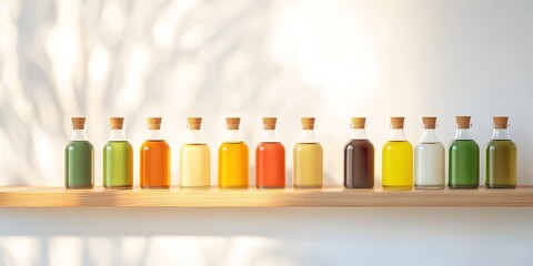 Row of colorful infused oils on shelf with sunlit backdrop.