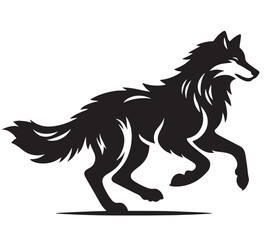 Black silhouette of a wolf running.