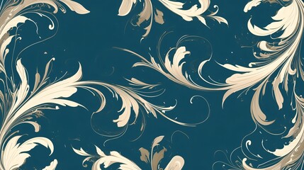 Abstract ornamental design with elegant white curves and tendrils flowing across a dark teal canvas, inspired by Art Nouveau's organic style.