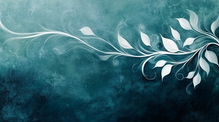 Abstract ornamental design with elegant white curves and tendrils flowing across a dark teal canvas, inspired by Art Nouveau's organic style.