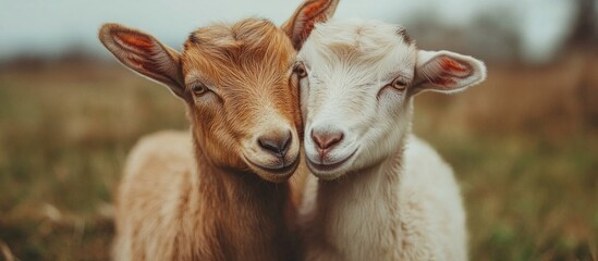 Two goats, one brown and one white, are cuddling together with their heads touching.