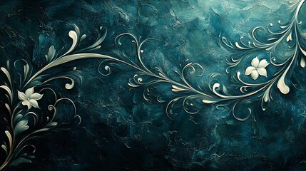 Abstract ornamental design with elegant white curves and tendrils flowing across a dark teal canvas, inspired by Art Nouveau's organic style.