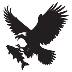 Black silhouette of an eagle flying with a fish in its talons.