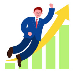 右肩上がりの棒グラフと拳を突き上げて宙を浮くスーツを着た男性のイラスト