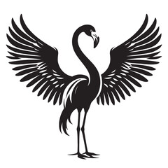 Black silhouette of flamingo with wings spread.