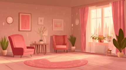 Fototapeta premium Cozy living room with two armchairs, a coffee table, a rug, potted plants, a window with curtains, and artwork on the walls.