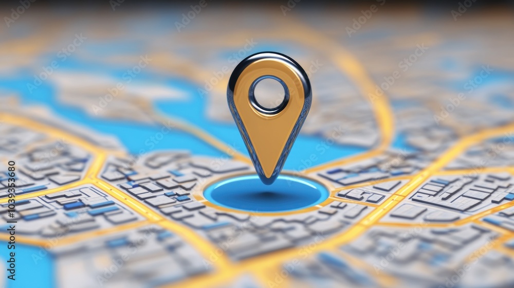 Poster a 3d map pin marker positioned on a detailed city map, indicating a specific location.