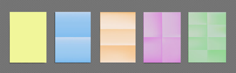 Fototapeta premium Folded colored paper mockup. Realistic 3d set of notebook sheet with wrinkles. Blank template of a4 leaflet border with crease. Empty crumpled school education and office stationery note page.