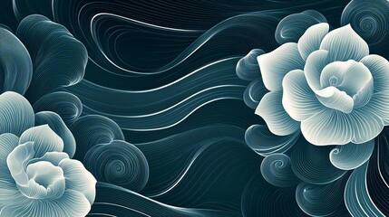 Curved, flowing lines in white on a dark teal background, creating a graceful ornamental design inspired by Art Nouveau.