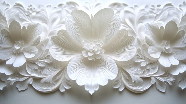 Delicate laser-cut ornament design in white paper, featuring symmetrical floral motifs and intricate lace-like patterns, with soft shadows creating depth.