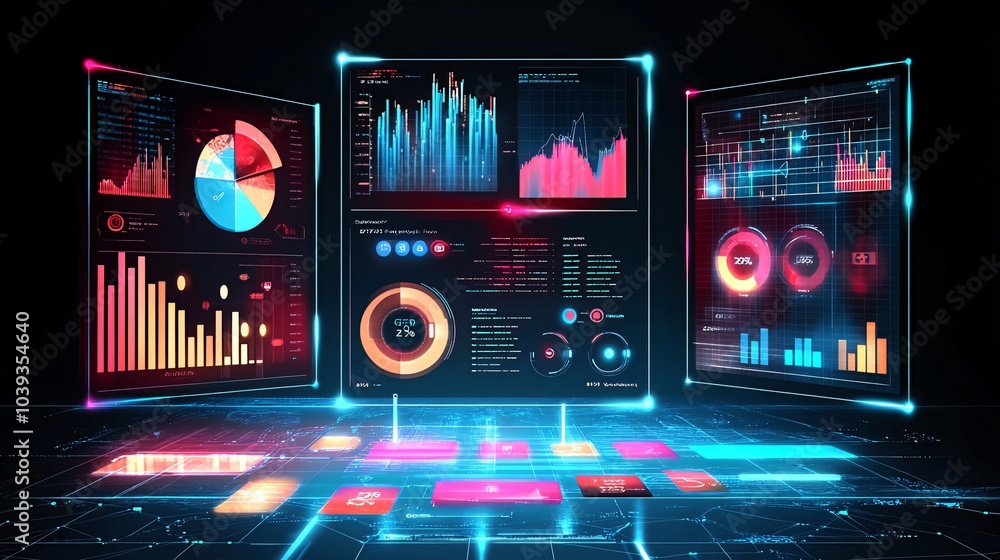 Poster futuristic digital interface with glowing charts and graphs.