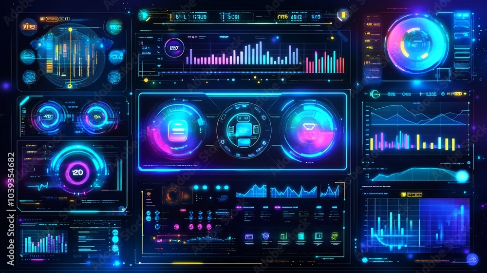 Poster futuristic digital dashboard with various graphs, charts, and data visualizations.
