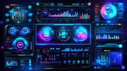 Futuristic digital dashboard with various graphs, charts, and data visualizations.