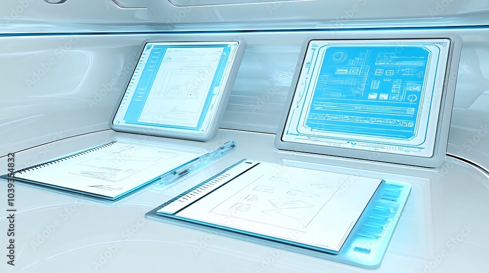 Poster futuristic workspace with digital screens and notebooks for sketching.