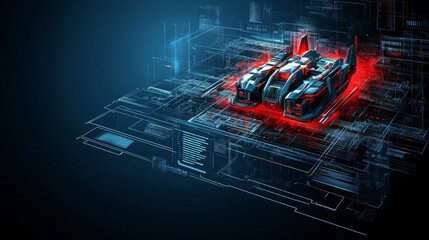 Naklejka premium Futuristic spaceship on a digital grid background.