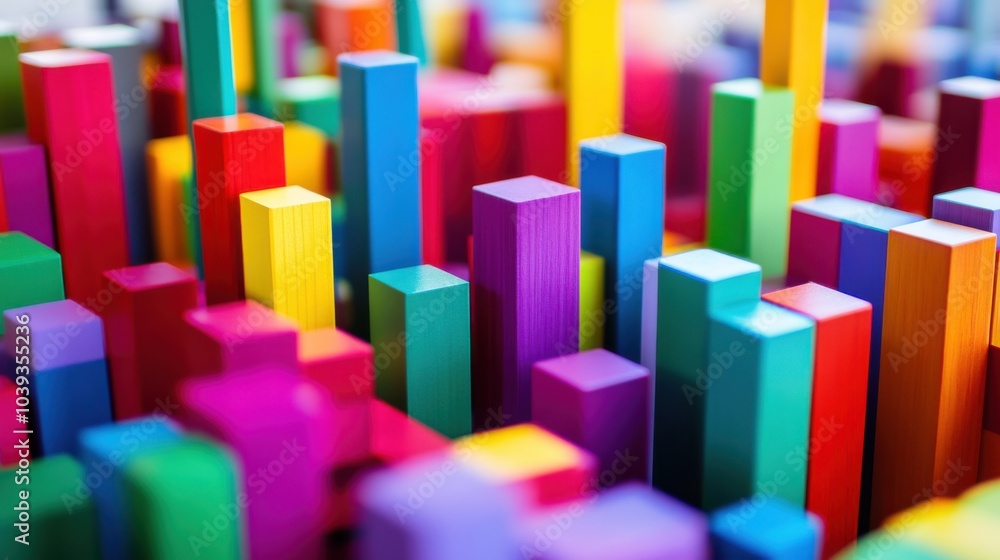 Poster a creative construction site with colorful building blocks, blocks arranged in imaginative structure