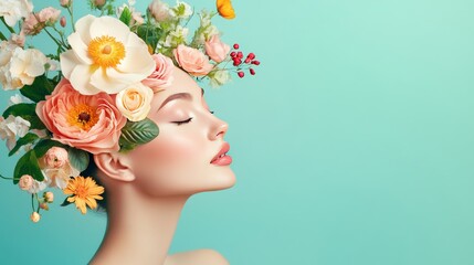 Floral Crown Beauty: Serene woman adorned with a vibrant flower crown against a teal backdrop.  A captivating portrait exuding grace and natural beauty.