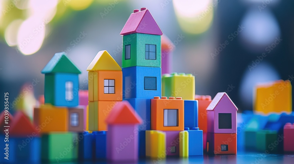 Poster a creative construction site with colorful building blocks, blocks arranged in imaginative structure