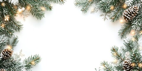  christmas border with coniferous branches and garlands of christmas lights on white background 