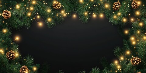 Christmas garland border with conifer branches, lights and ornaments on dark background