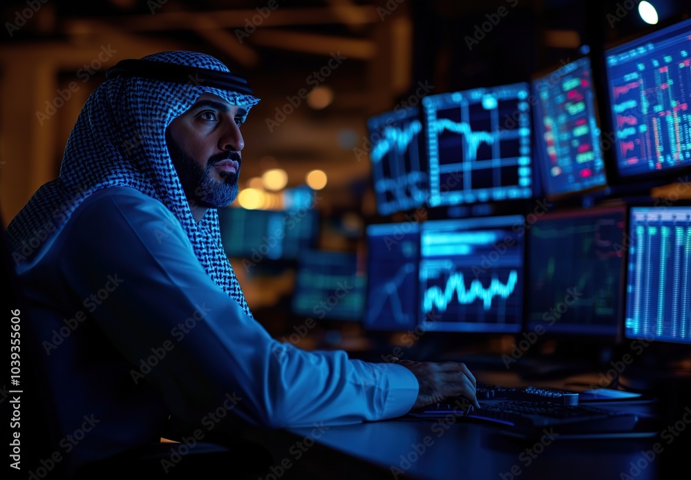 Poster a businessman in a traditional garment analyzes financial data on multiple computer screens in a dim