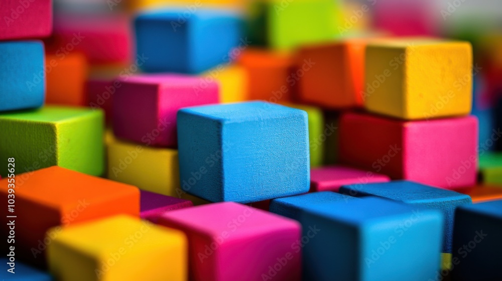 Poster a creative construction site with colorful building blocks, blocks arranged in imaginative structure