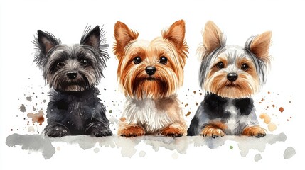 Three yorkshire terrier dogs posing together watercolor painting