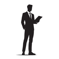 Silhouette of a businessman looking at a tablet.
