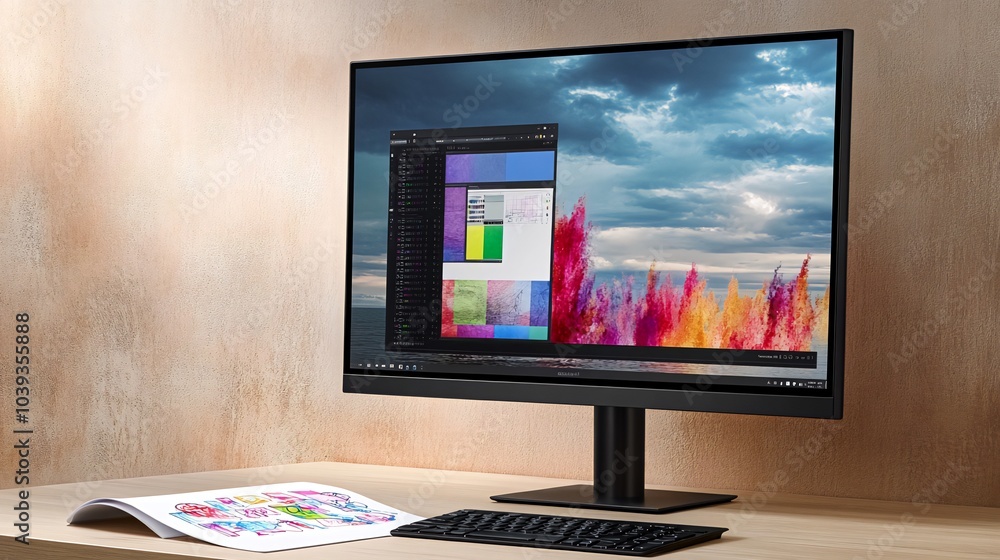 Aufkleber modern monitor with colorful image of sky and water with a keyboard and paper on a desk.
