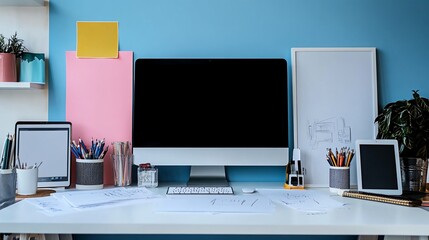 Modern minimalist home office desk with computer, tablet, and supplies.
