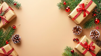 Christmas gifts wrapped in vibrant colors, beige background, festive promotion space 