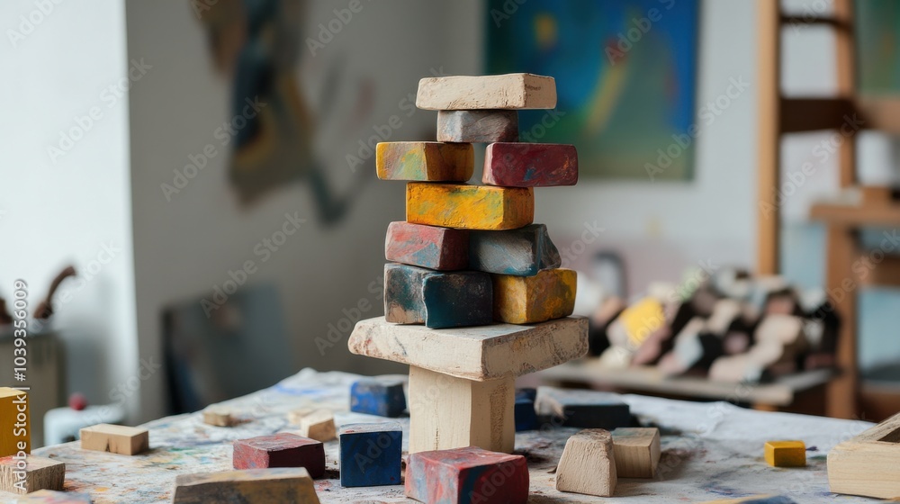 Poster a creative workshop with artists crafting abstract sculptures from blocks, blocks arranged for artis