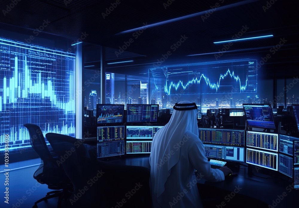 Poster a businessman in a white thobe working on a computer in a dark office with multiple screens displayi