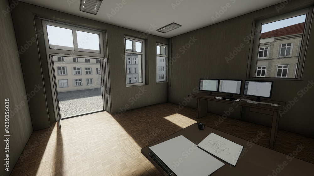 Poster modern office with large windows overlooking a city street, a desk with a computer and a notebook on