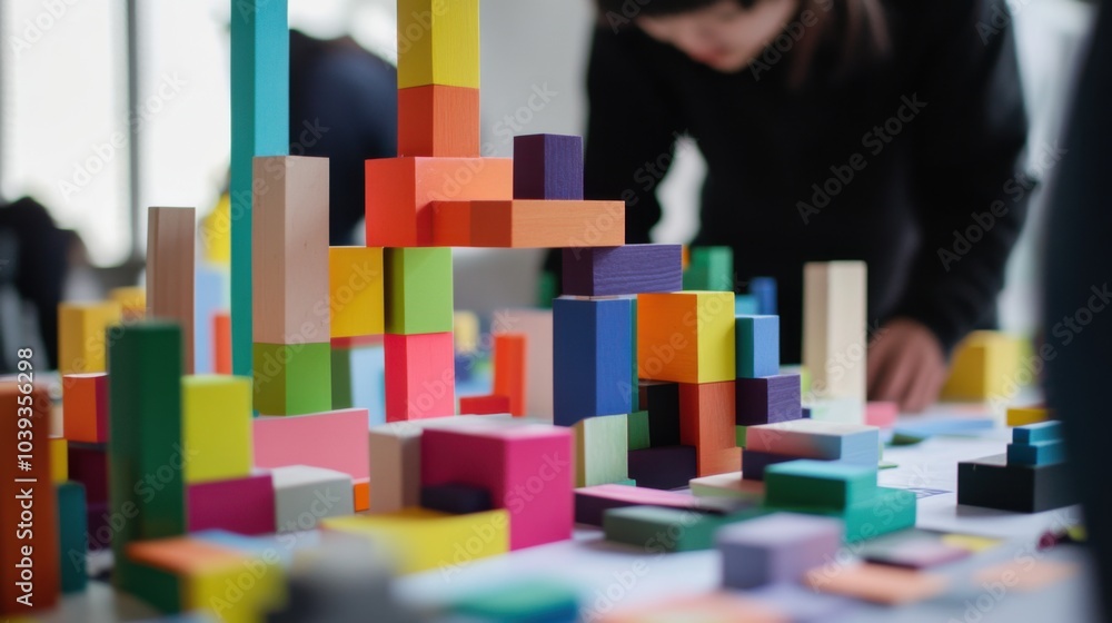 Poster A creative workshop with designers building interactive art installations from blocks, Blocks arranged for artistic installations, Interactive art style