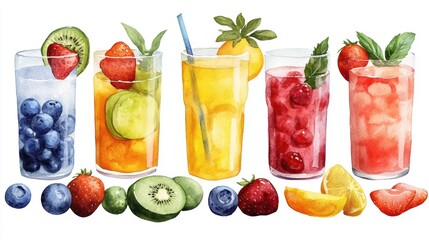 watercolor healthy drinks  mini's set on white bakground