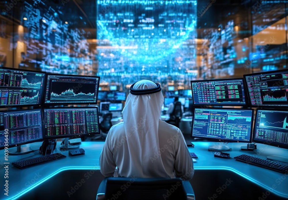 Poster businessman wearing a traditional white robe working on a computer with multiple screens displaying 