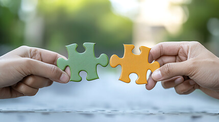 Two hands are holding green and orange puzzle pieces, symbolizing connection and collaboration. This captures essence of teamwork and unity