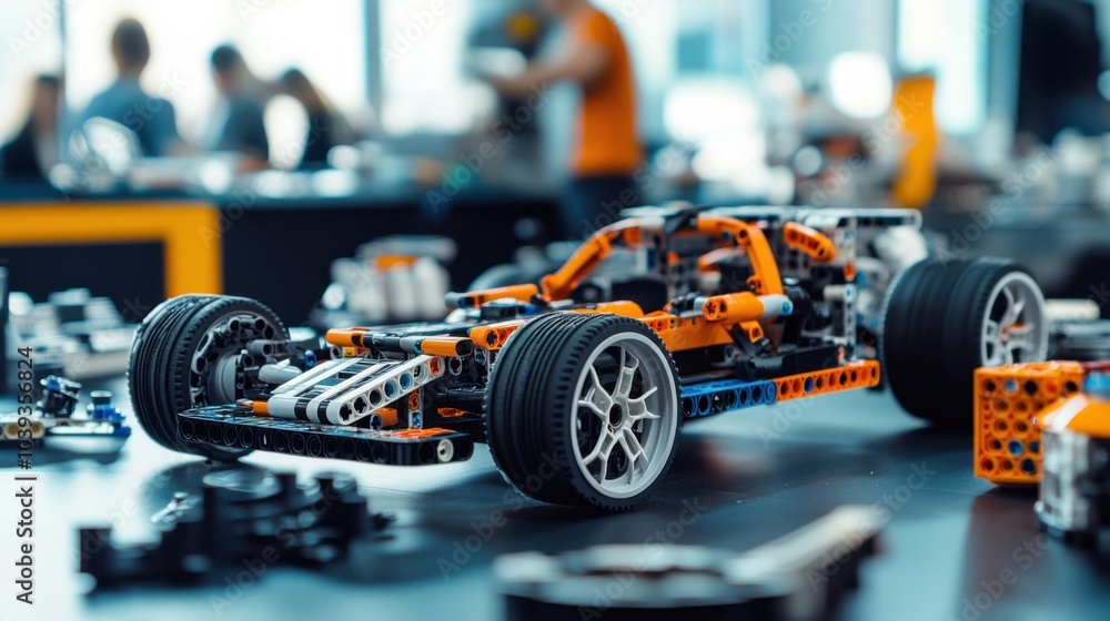 Poster A creative workshop with engineers constructing prototype vehicles using modular blocks, Blocks arranged for vehicle design, Automotive innovation style