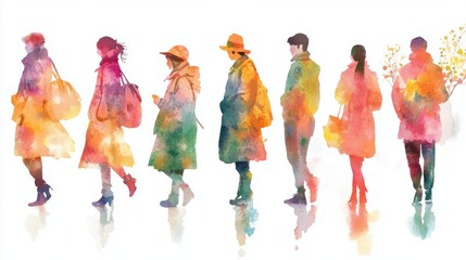 Fototapeta premium Young adults walking in autumn clothes watercolor illustration