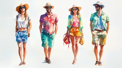 Group of friends walking on the beach in summertime